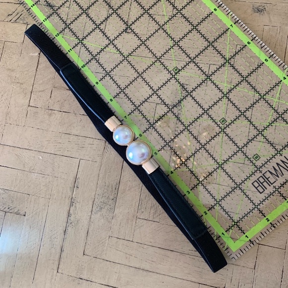 Faux Pearl Stretch Belt Black Gold High Waist - Picture 7 of 8